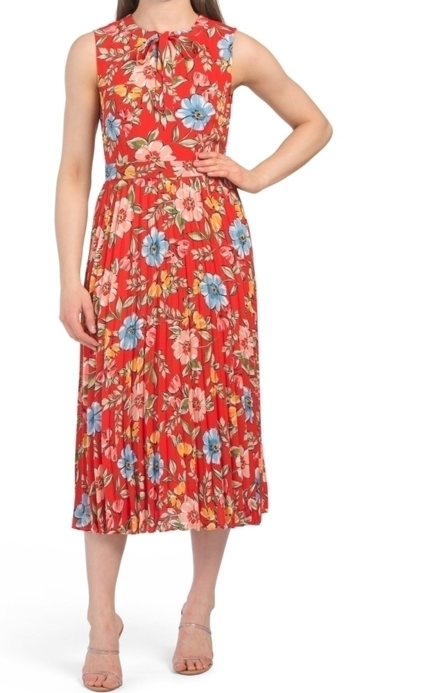 𝅺Donna Morgan Tie Neck Pleated Skirt Dress
